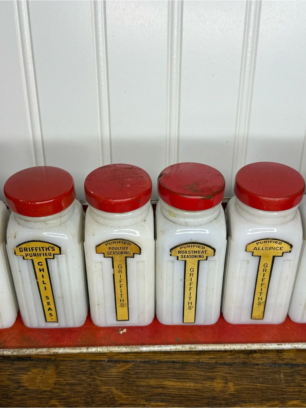Vintage 1940s Griffith's Milk Glass Jars Spice Rack Set of 6 w/ original metal r